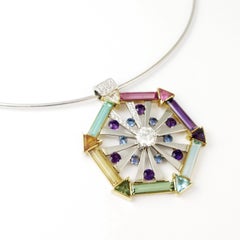 Hex Pendant Paraiba Tanzanite & Various Gems 18 Karat Gold Contemporary Necklace