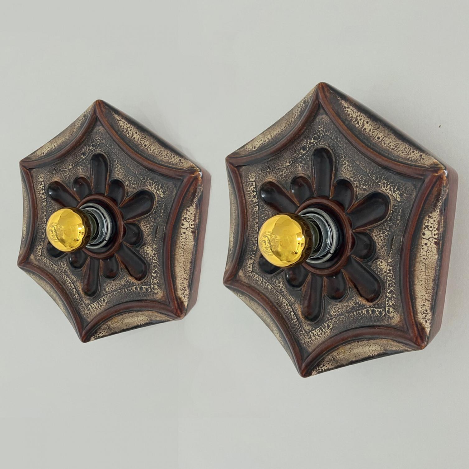 Hex-shaped Star Ceramic Wall Lights, Germany, 1970 For Sale 2
