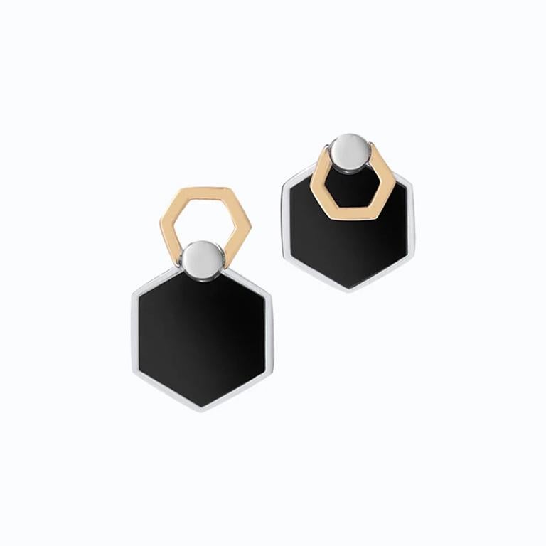 Contemporary Hexa Flip Earrings, Yellow, Sterling Silver and Black Agate  For Sale