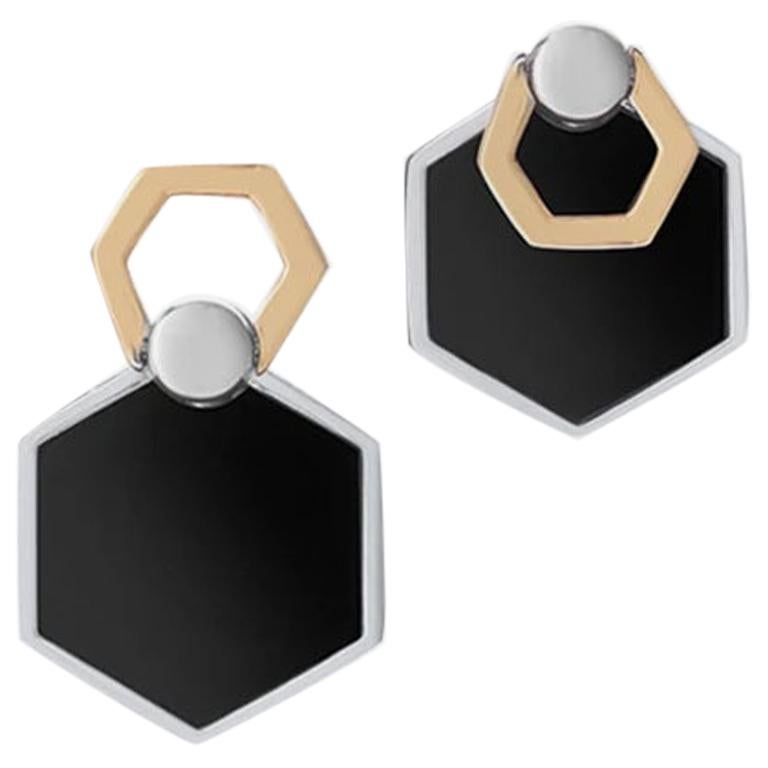Hexa Flip Earrings, Yellow, Sterling Silver and Black Agate  For Sale
