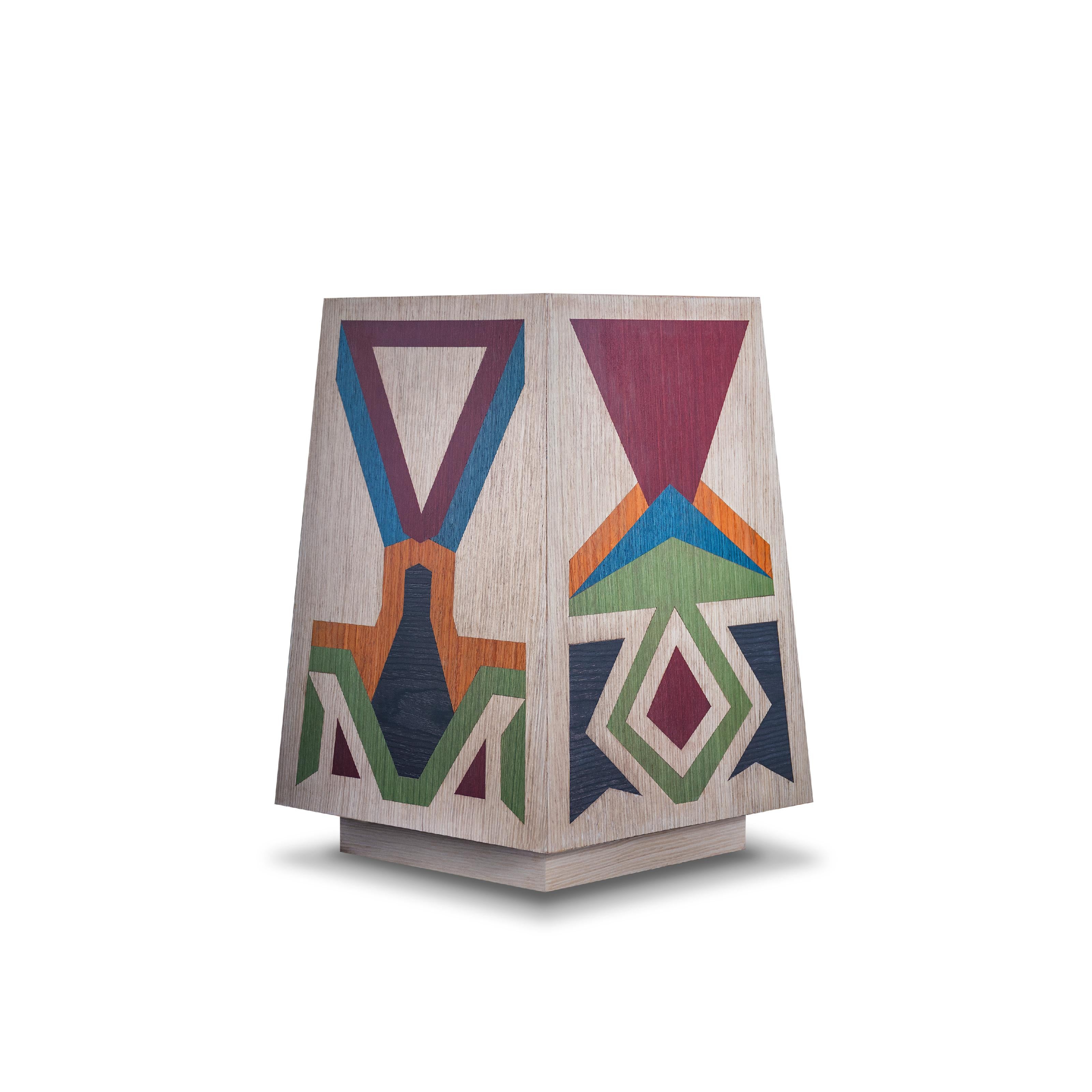 The hexagonal stool draws inspiration from Karim Ataya's intricate Islamic patterns, embodying geometric elegance and spiritual symbolism. Meticulously crafted patterns adorn each side, creating a harmonious balance and reﬂecting the principles of