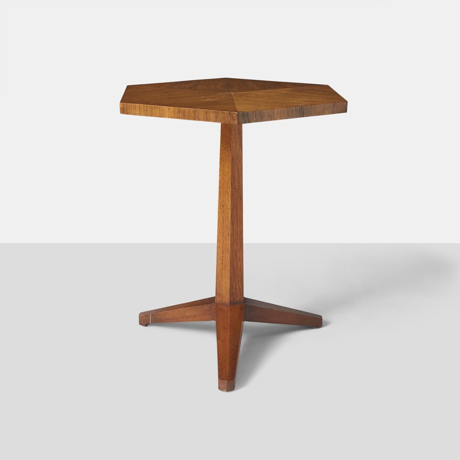 Heritage side table, hexagonal burled walnut top over a sculptural pedestal base, refinished, stamped 