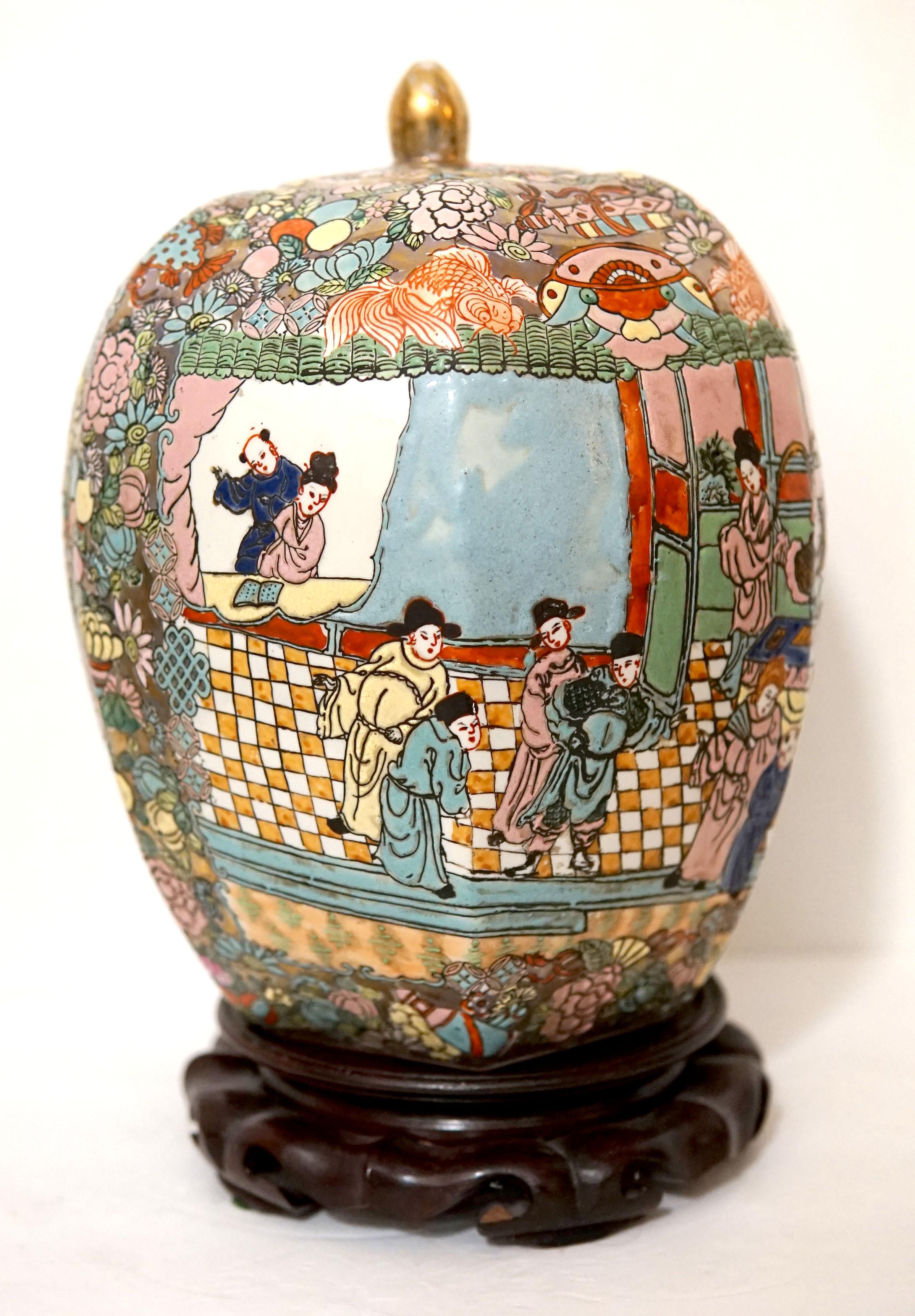 Ceramic Famille Rose 19th Century Hexagon Chinese Export Ginger Jar For Sale