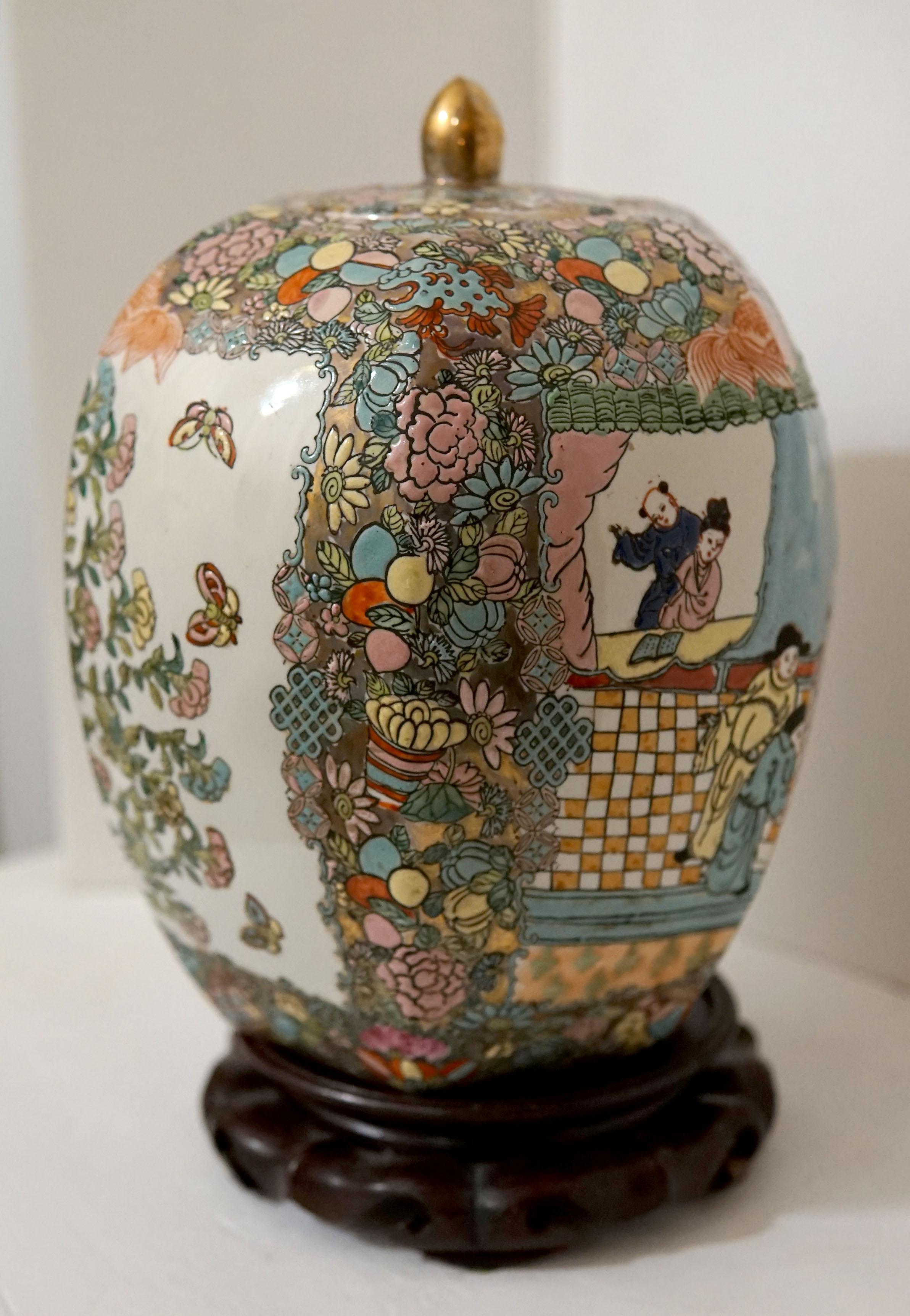 Pot à gingembre hexagonal d'exportation chinois de la Famille Rose du 19ème siècle Bon état - En vente à Lomita, CA