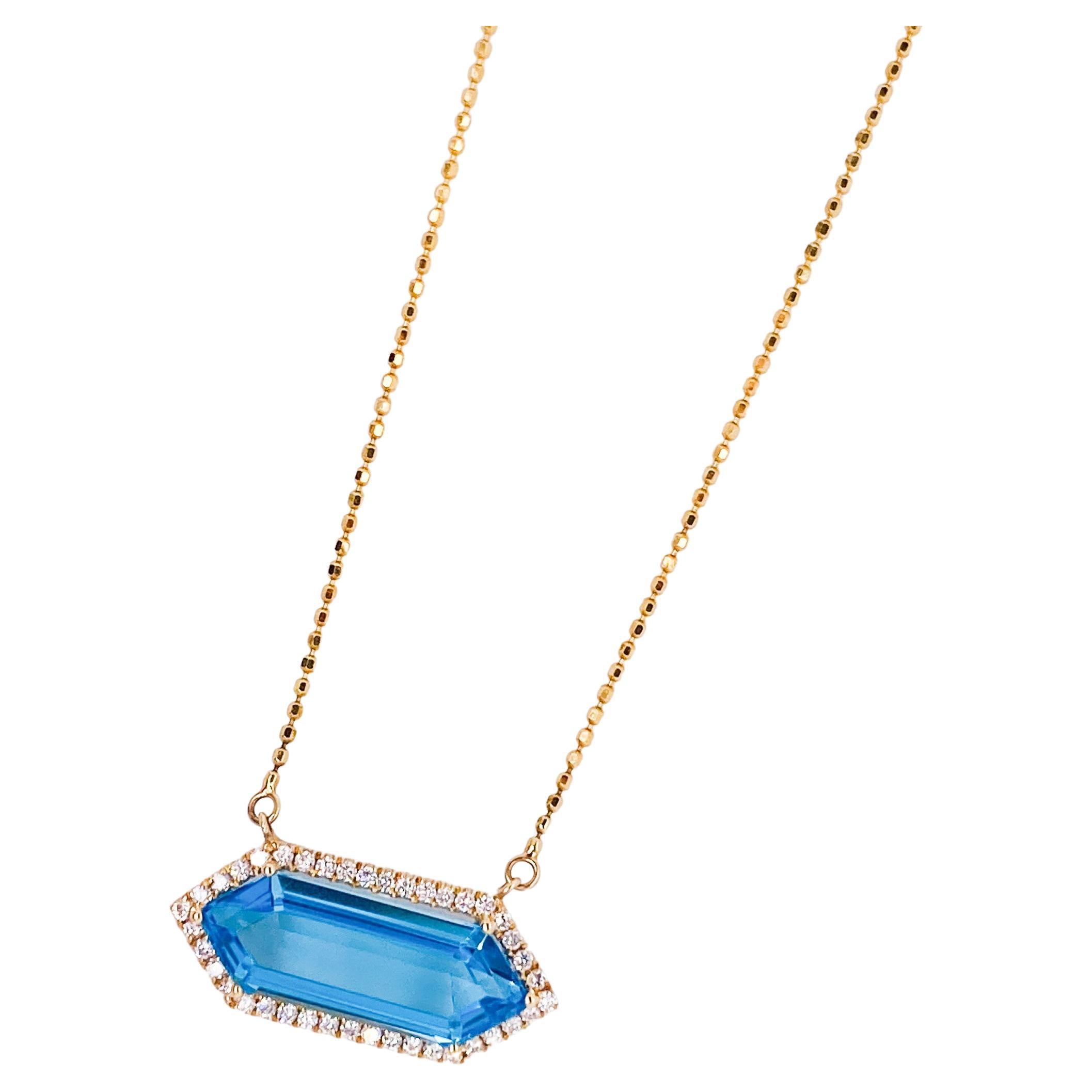 Hexagon Blue Topaz with Diamond Halo Necklace with 3.60 Carats For Sale