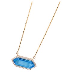 Hexagon Blue Topaz with Diamond Halo Necklace with 3.60 Carats