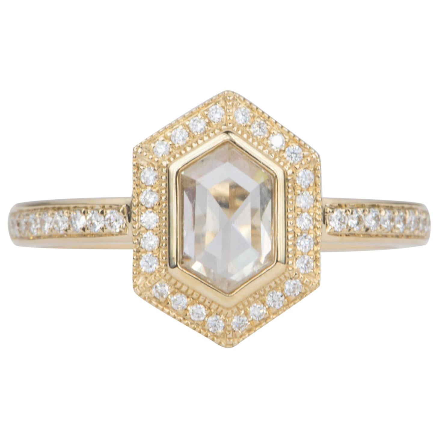 Hexagon Clear Diamond Halo Milgrain Ring 14 Karat Yellow Gold AD2230-1 For Sale