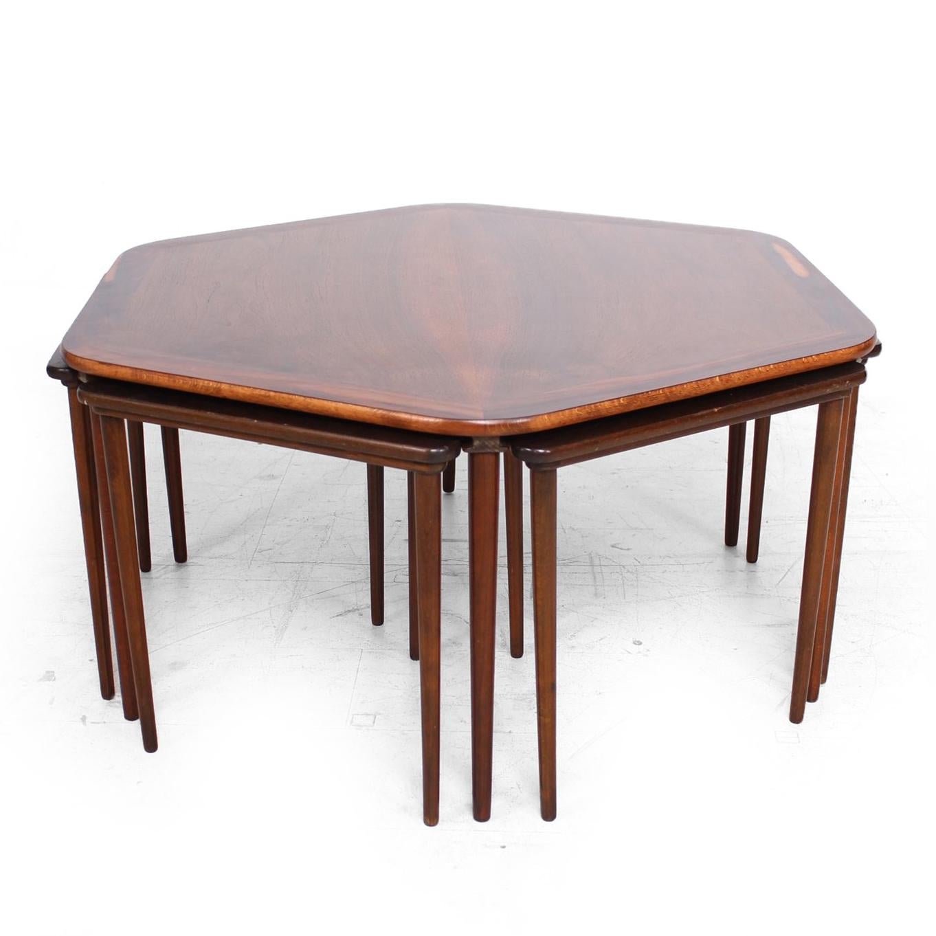Hexagon Coffee Table and Nesting Tables Danish Mid-Century Modern in Rosewood In Excellent Condition In Chula Vista, CA