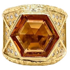 Hexagon Cut Citrine Ring with 0.45tcw Round Diamonds in 18k Yellow Gold