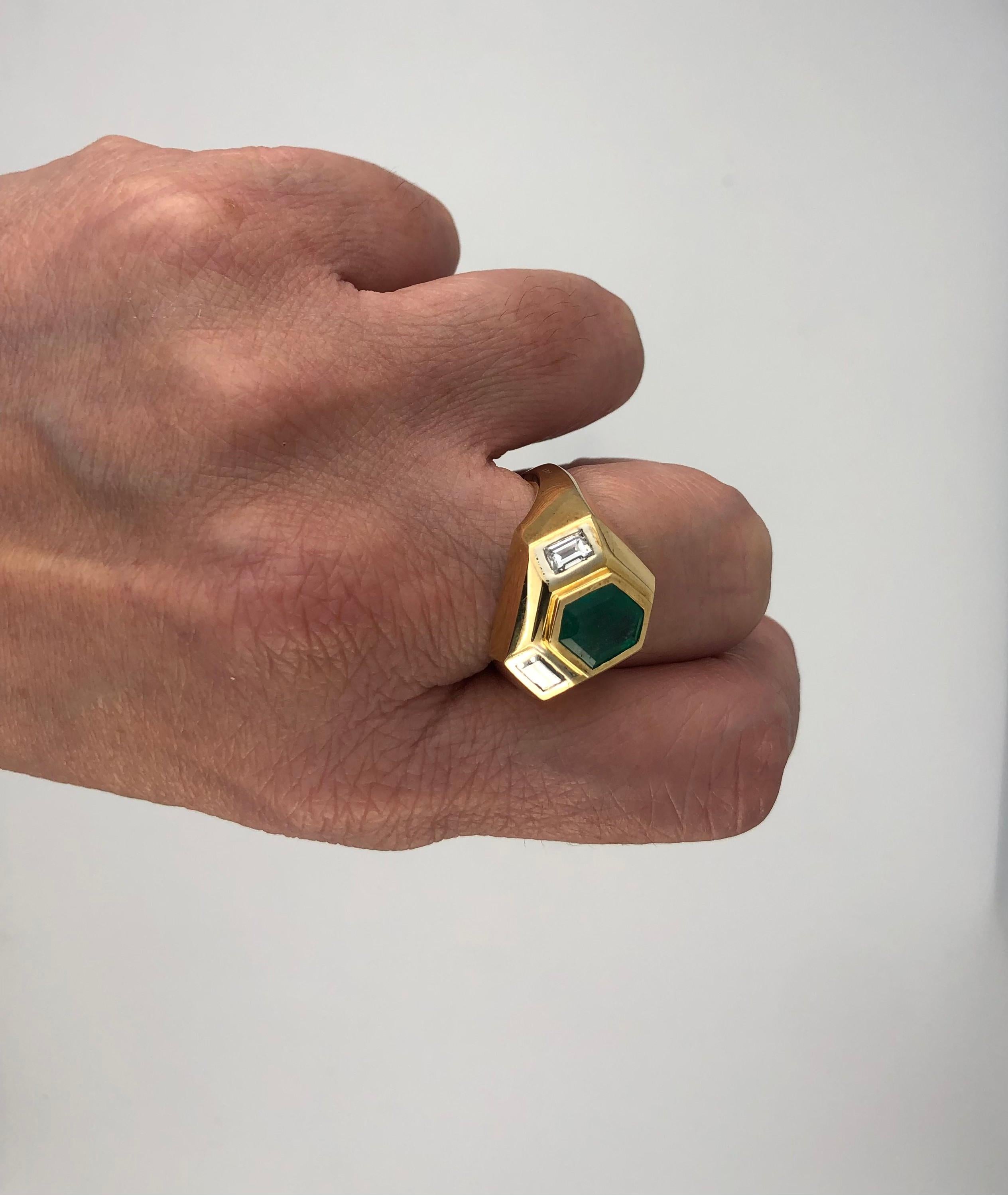 Art Deco Hexagon Cut Emerald and Diamond Gold Ring For Sale