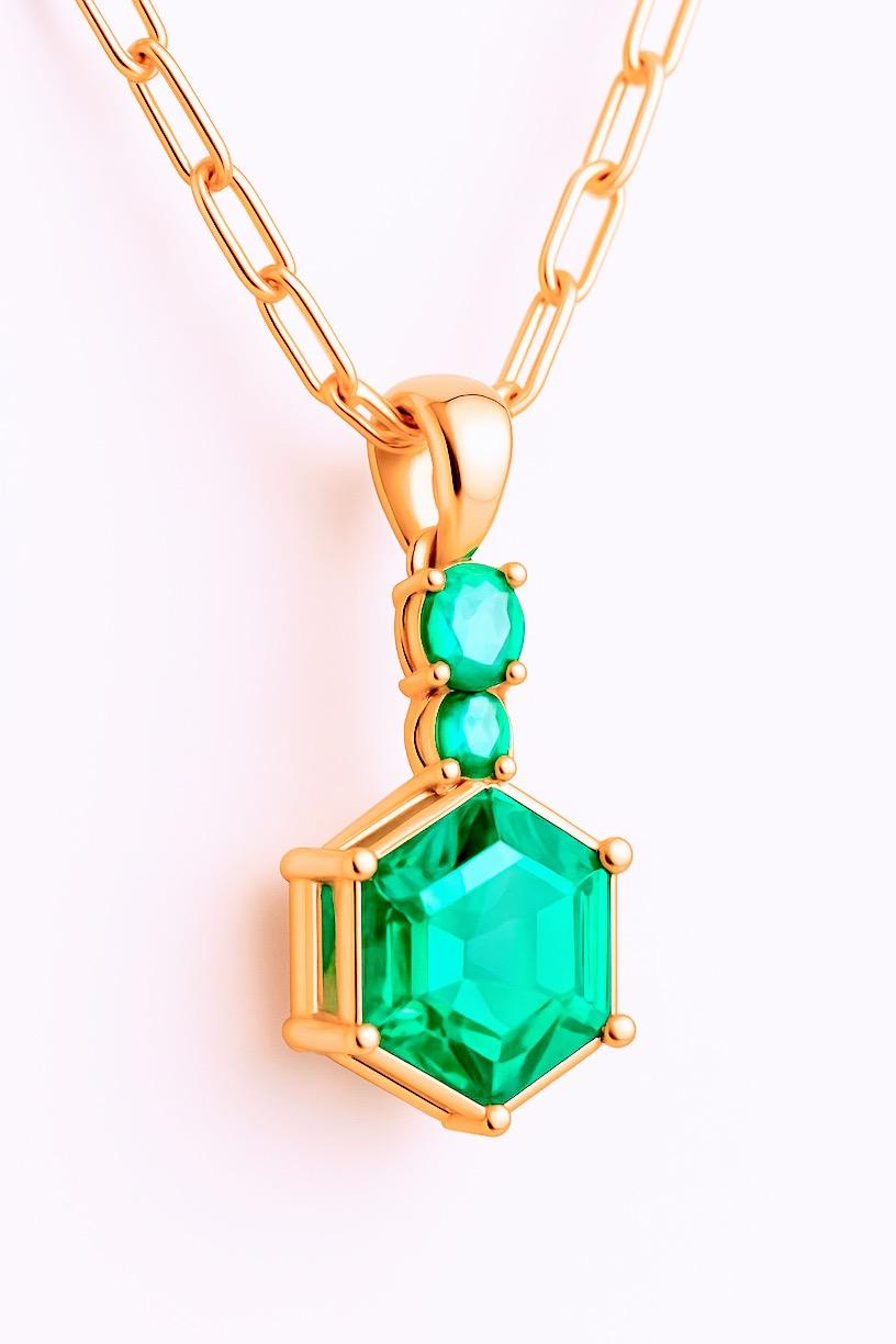 Hexagon-Cut Smaragd Anhänger Halskette - 18 k Gelbgold im Angebot 2