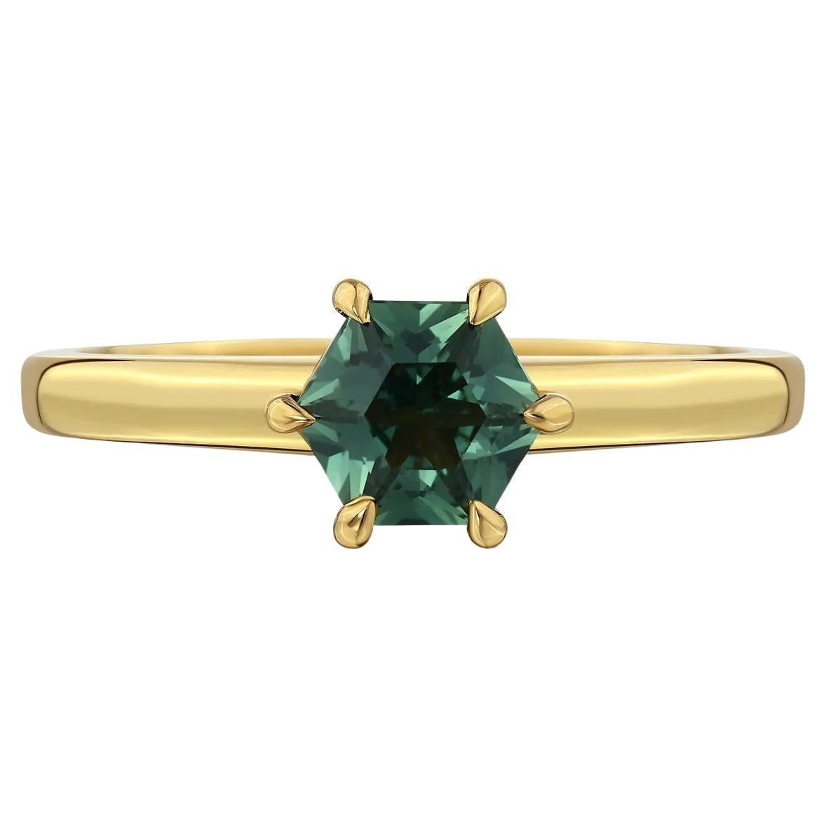 Hexagon Cut Teal Sapphire Yellow Gold Solitaire Engagement Ring, 0.88 Carat For Sale