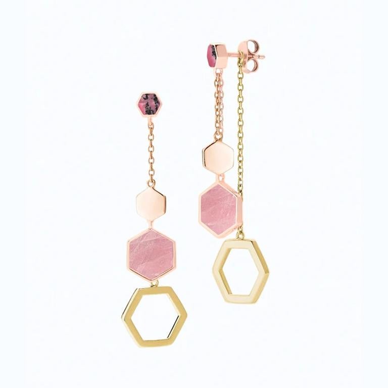 Contemporary Hexagon Dangling Earrings, PInk and Yellow Silver, Rose Quatz and Rhodonite  For Sale