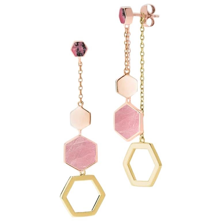 Hexagon Dangling Earrings, PInk and Yellow Silver, Rose Quatz and Rhodonite  For Sale