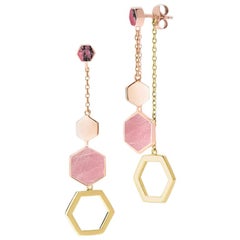 Boucles d'oreilles pendantes hexagonales en argent jaune et quartz rose et rhodolite PInk 