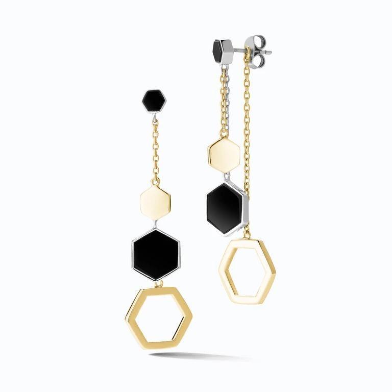 Contemporary Hexagon Dangling Earrings, Silver and Black Agate  For Sale