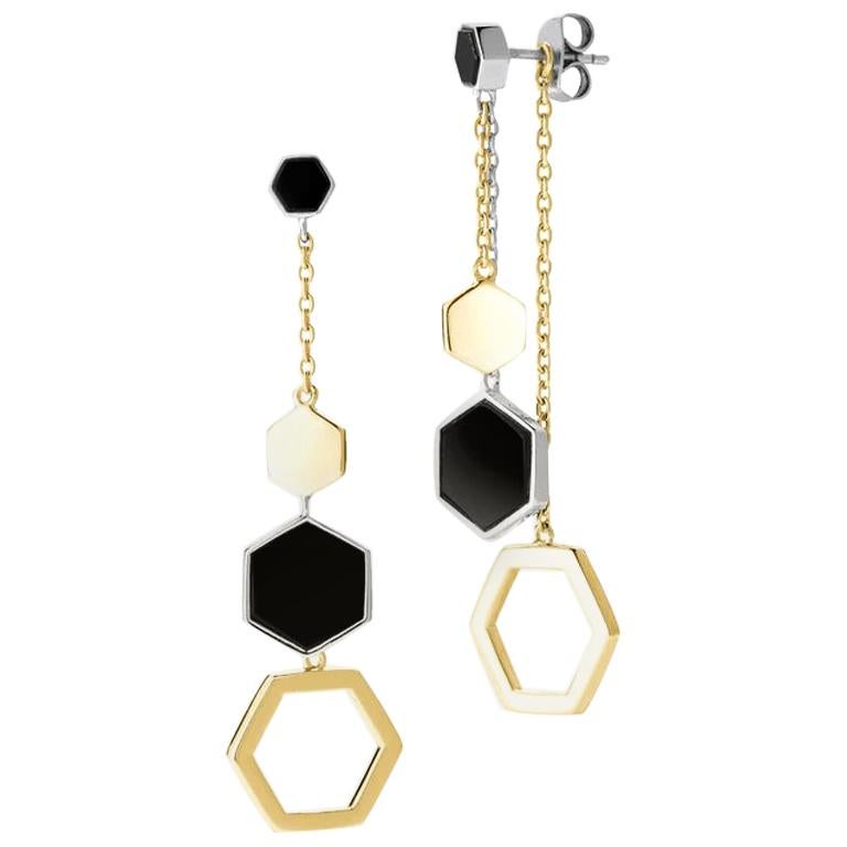 Hexagon Dangling Earrings, Silver and Black Agate 