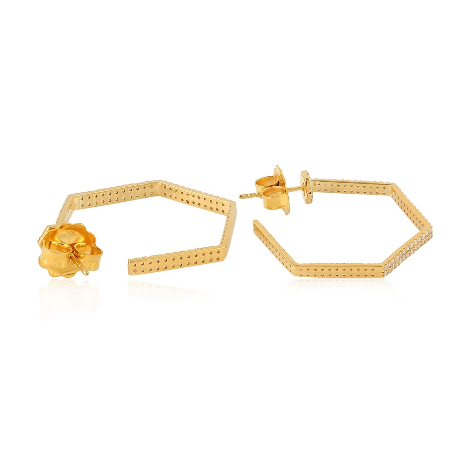 Contemporary Hexagon Diamond 18 Karat Hoop Earrings For Sale