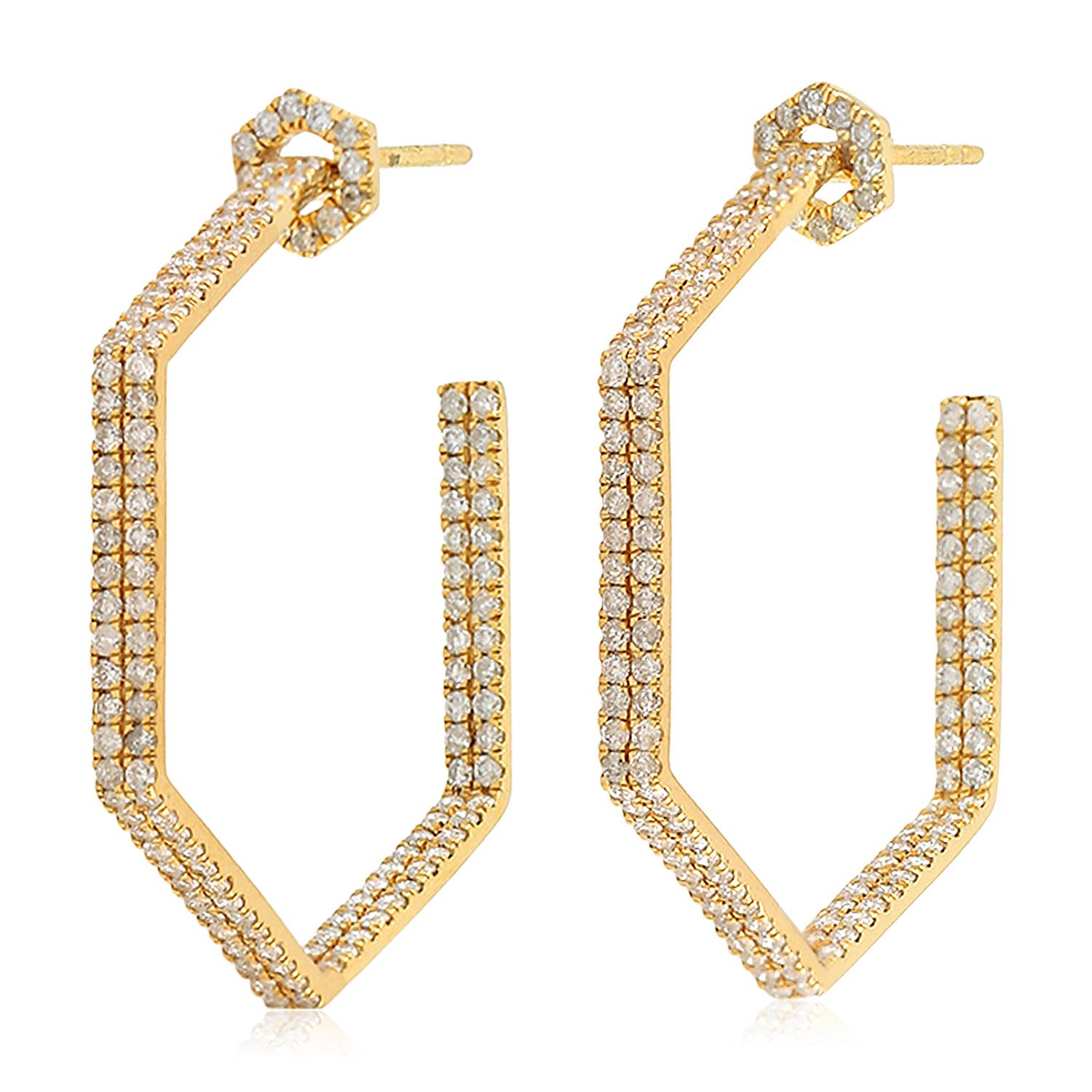 Hexagon Cut Hexagon Diamond 18 Karat Hoop Earrings For Sale