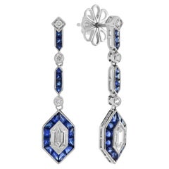 Hexagon Diamond and Sapphire Art Deco Style Drop Earrings in 18k White Gold
