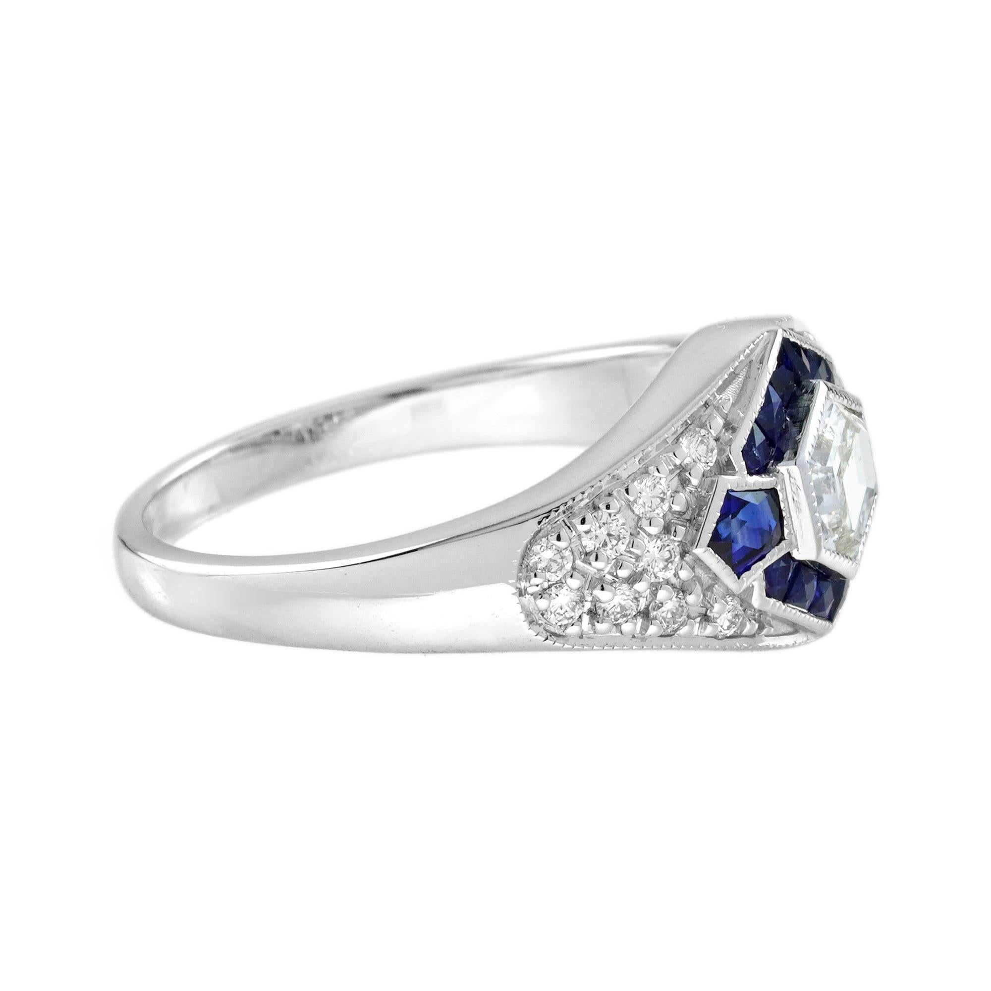 Taille hexagone Bague de fiançailles en or blanc 18 carats diamant hexagonal et saphir bleu style Art déco en vente
