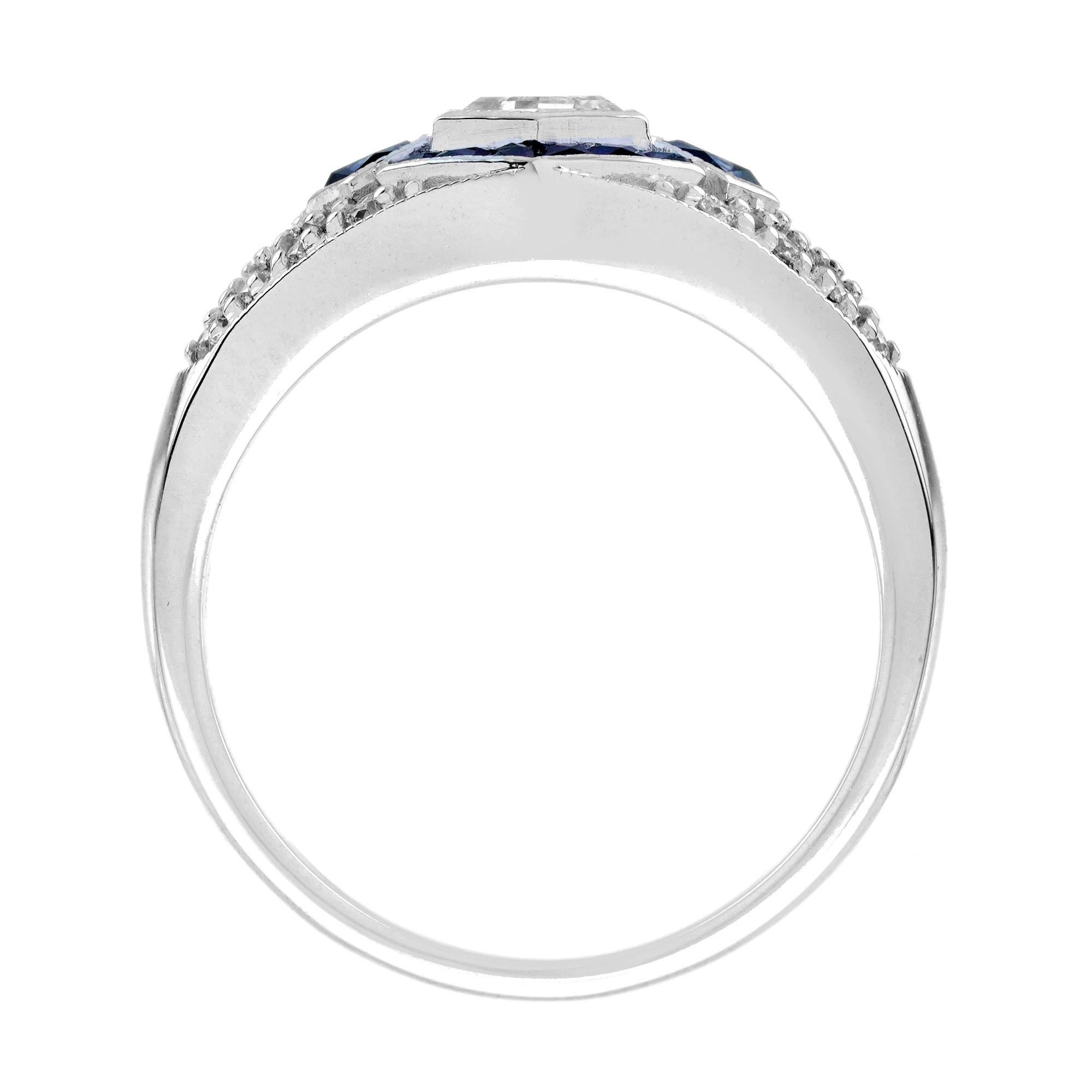 Bague de fiançailles en or blanc 18 carats diamant hexagonal et saphir bleu style Art déco Neuf - En vente à Oakton, VA