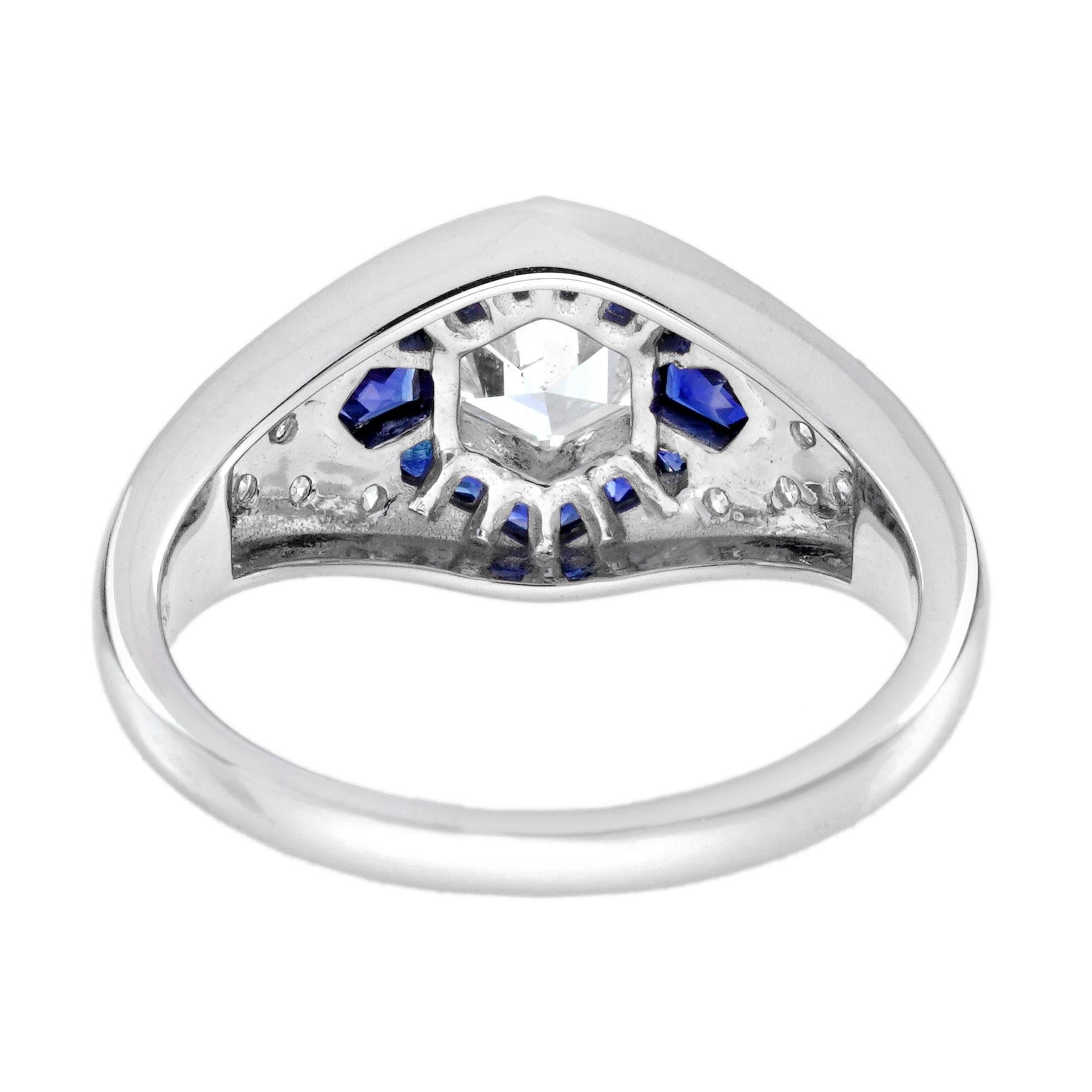 Bague de fiançailles en or blanc 18 carats diamant hexagonal et saphir bleu style Art déco Pour femmes en vente