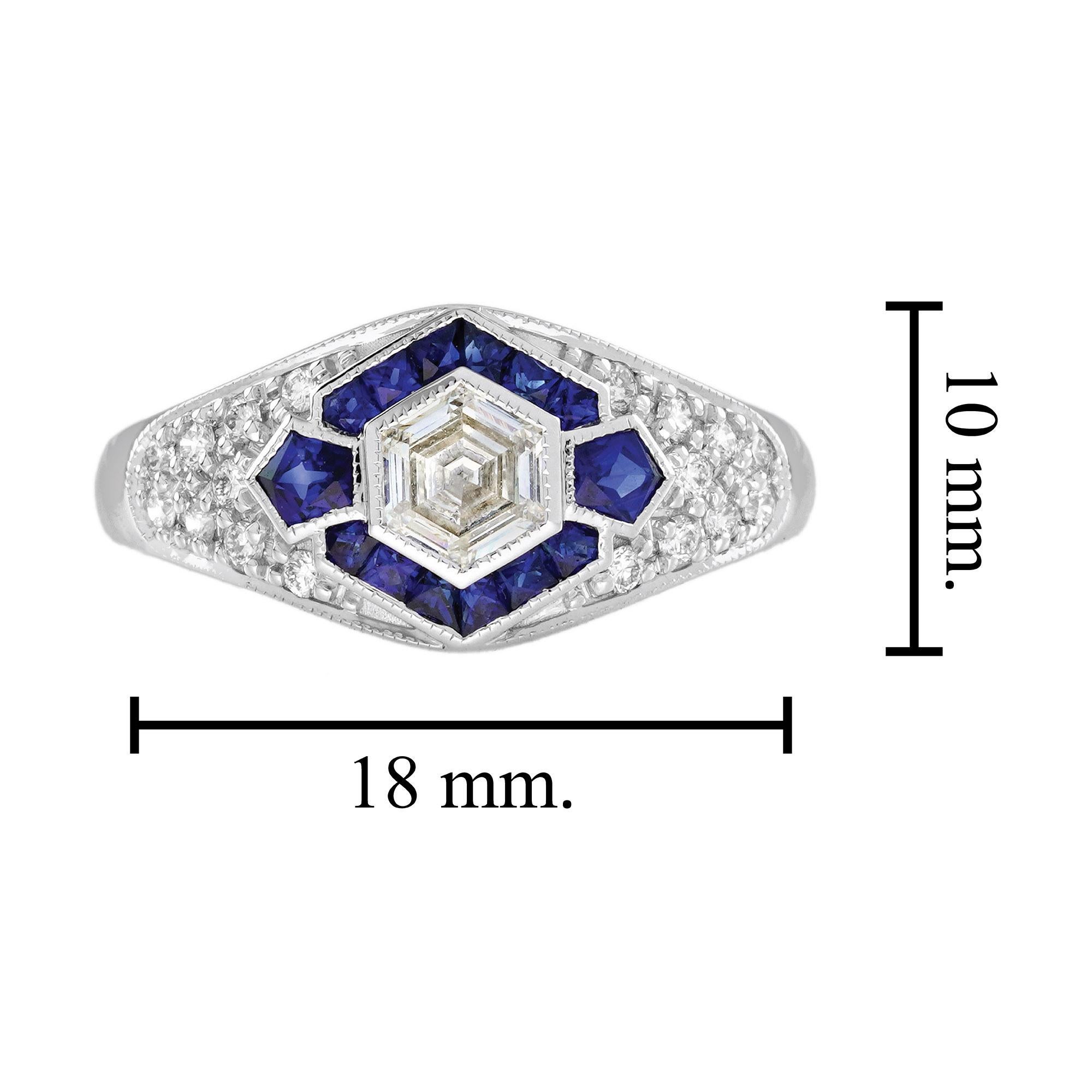 Bague de fiançailles en or blanc 18 carats diamant hexagonal et saphir bleu style Art déco en vente 3