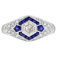 Hexagon Diamond & Blue Sapphire Art Deco Style 18K White Gold Engagement Ring
