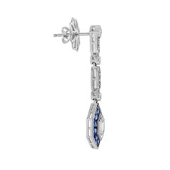 Hexagon Diamond & Blue Sapphire Art Deco Style Drop White Gold Earrings
