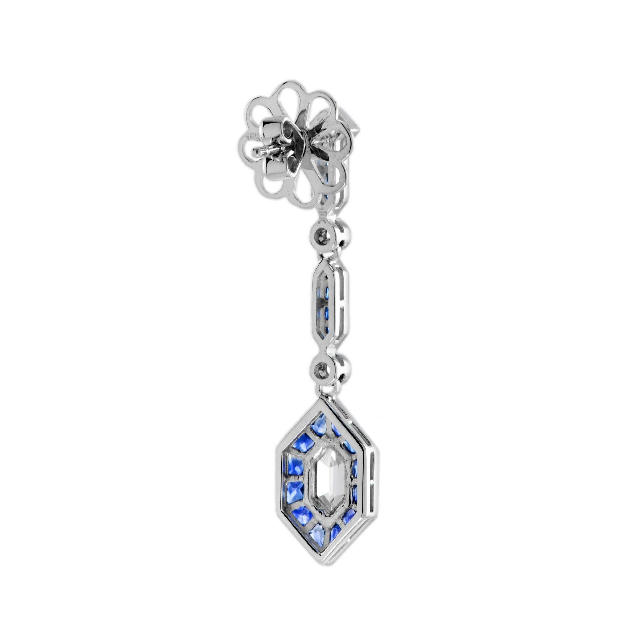 Hexagon Cut Hexagon Diamond & Blue Sapphire Art Deco Style Drop White Gold Earrings For Sale