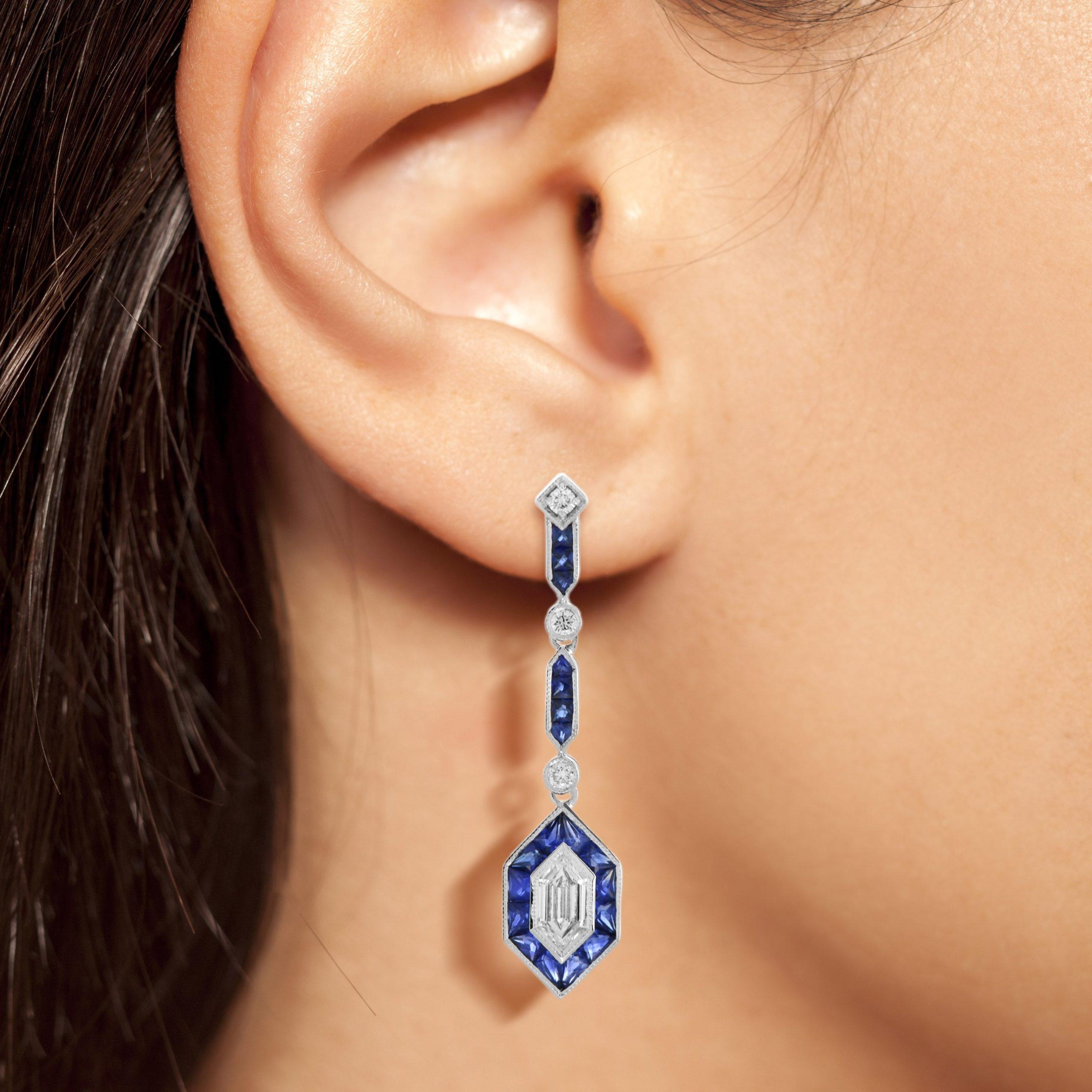 Hexagon Diamond & Blue Sapphire Art Deco Style Drop White Gold Earrings In New Condition For Sale In Oakton, VA