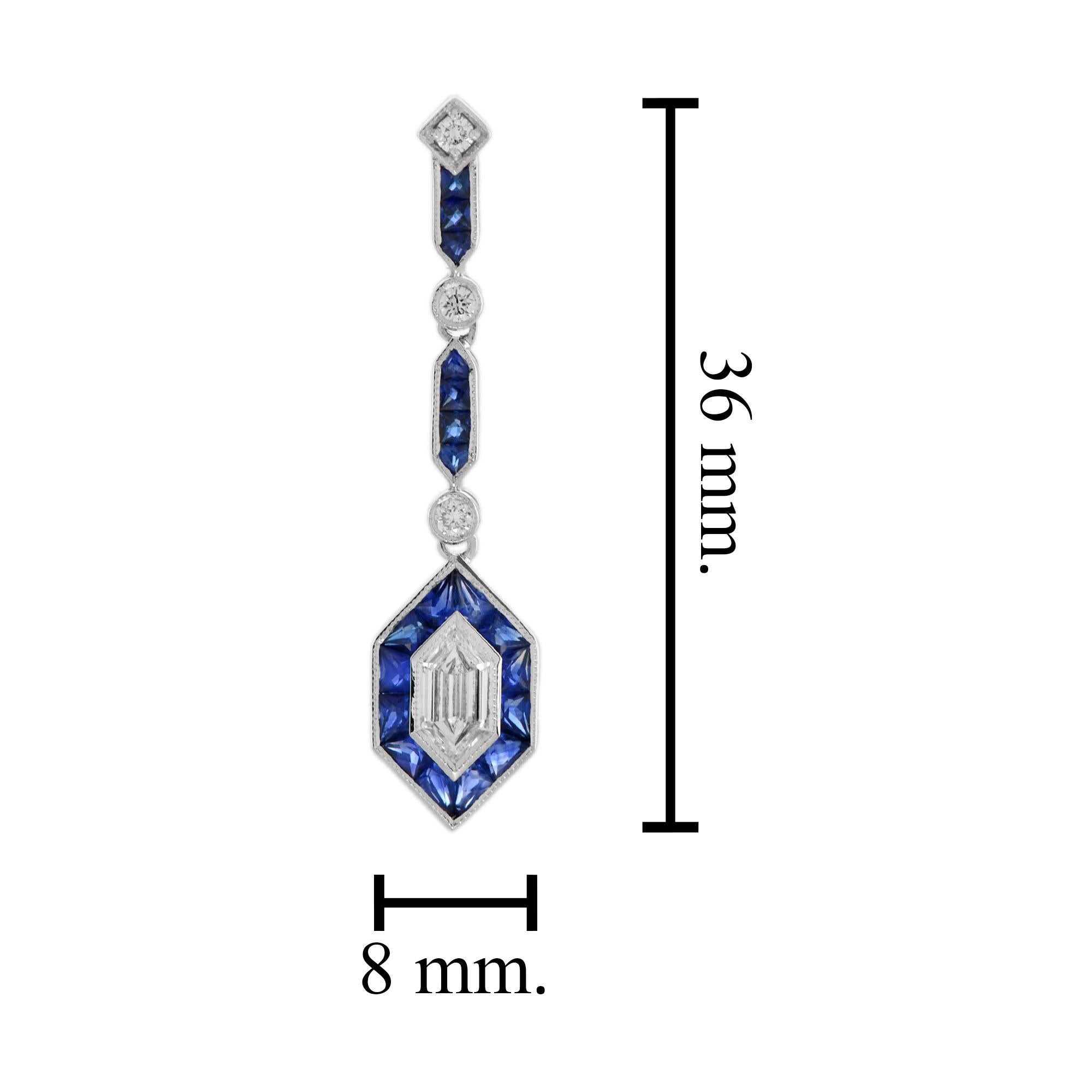 Women's Hexagon Diamond & Blue Sapphire Art Deco Style Drop White Gold Earrings For Sale