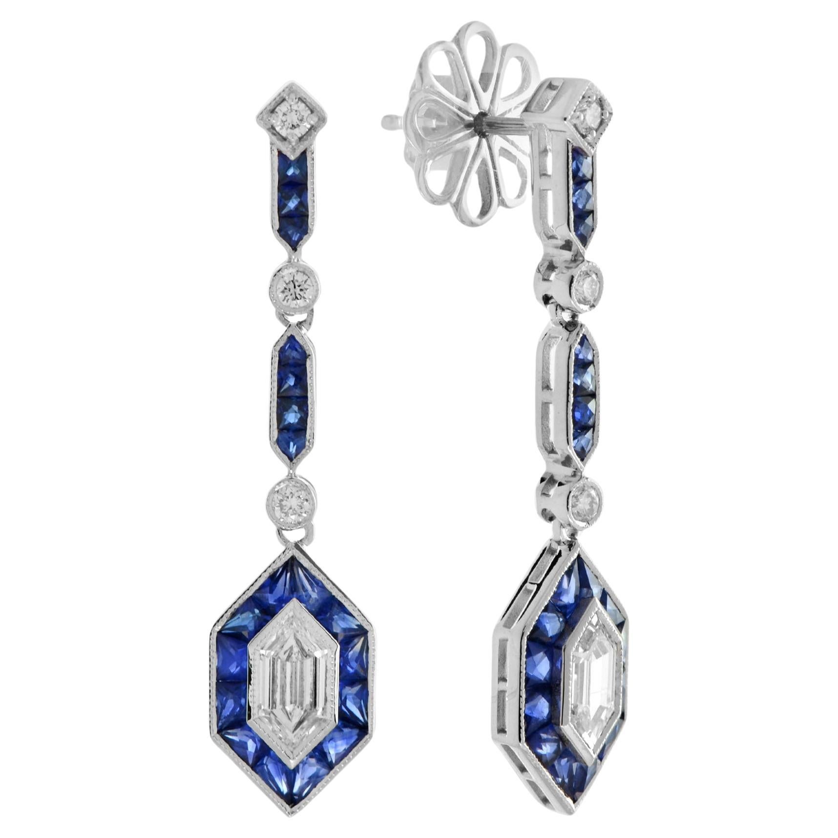 Hexagon Diamond & Blue Sapphire Art Deco Style Drop White Gold Earrings For Sale