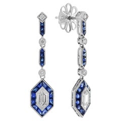 Sechseckige Ohrringe aus Weißgold mit Diamant und blauem Saphir im Art Deco Stil