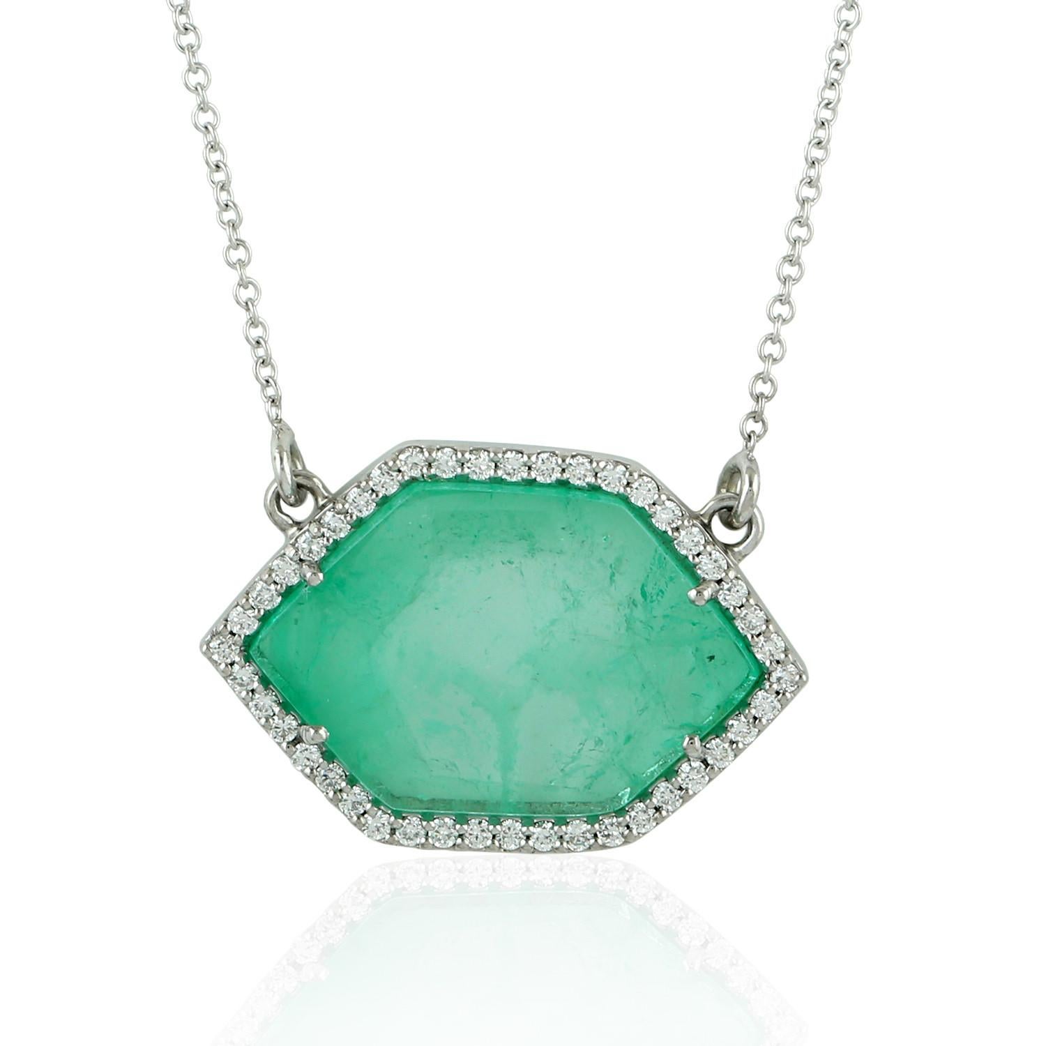 Art Deco Hexagon Shape Muzo Emerald & Pave Diamonds Necklace In 18k White Gold For Sale