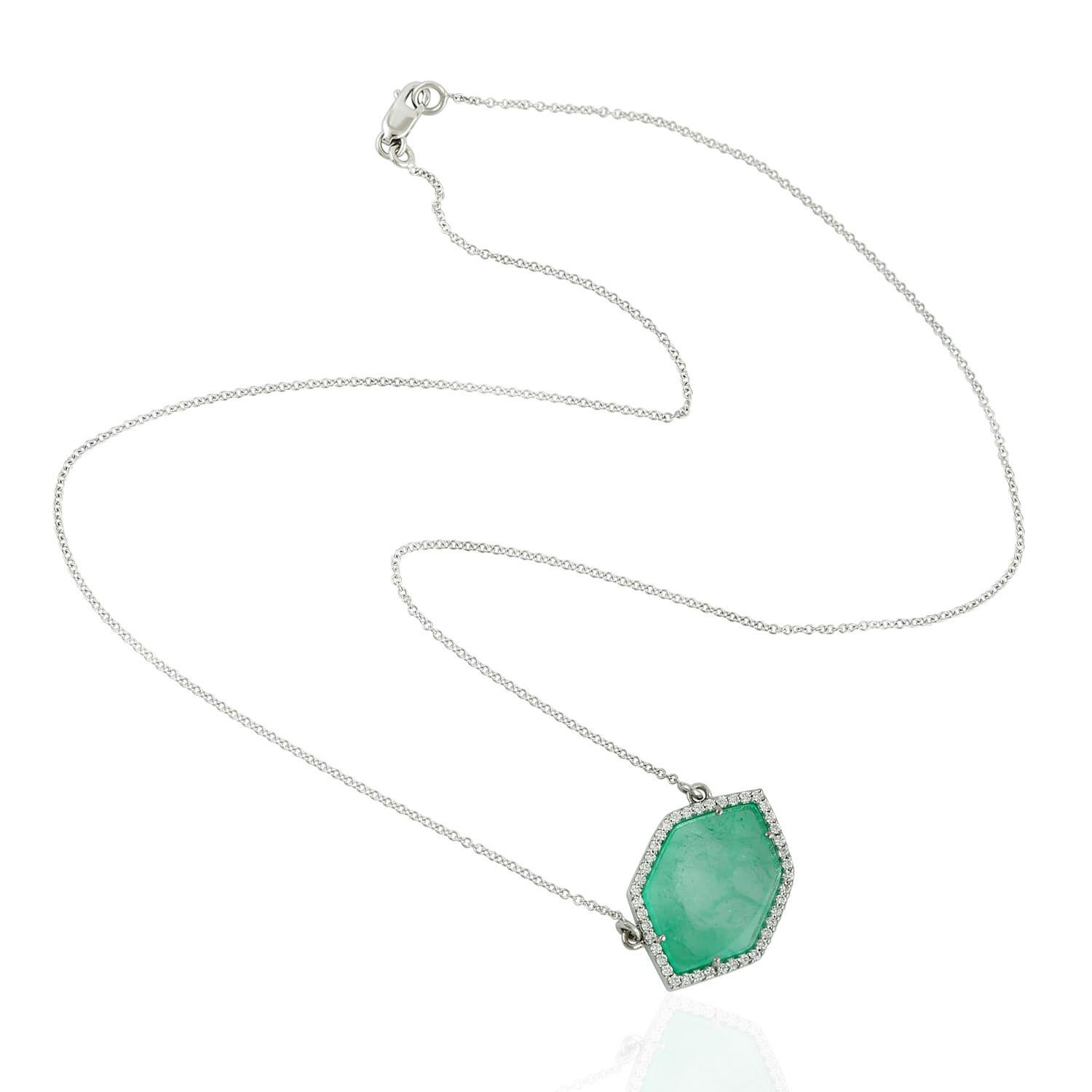 Mixed Cut Hexagon Shape Muzo Emerald & Pave Diamonds Necklace In 18k White Gold For Sale