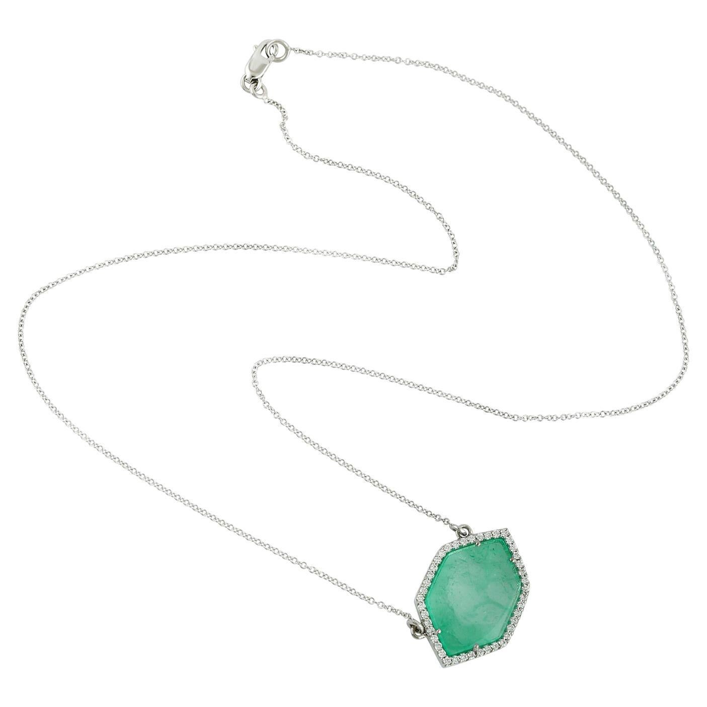 Hexagon Shape Muzo Emerald & Pave Diamonds Necklace In 18k White Gold For Sale