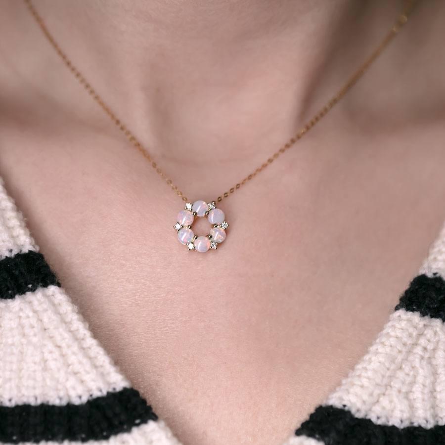 Arts and Crafts Hexagon Flower Australian Solid Opal Diamond Pendant Necklace 14K Yellow Gold For Sale