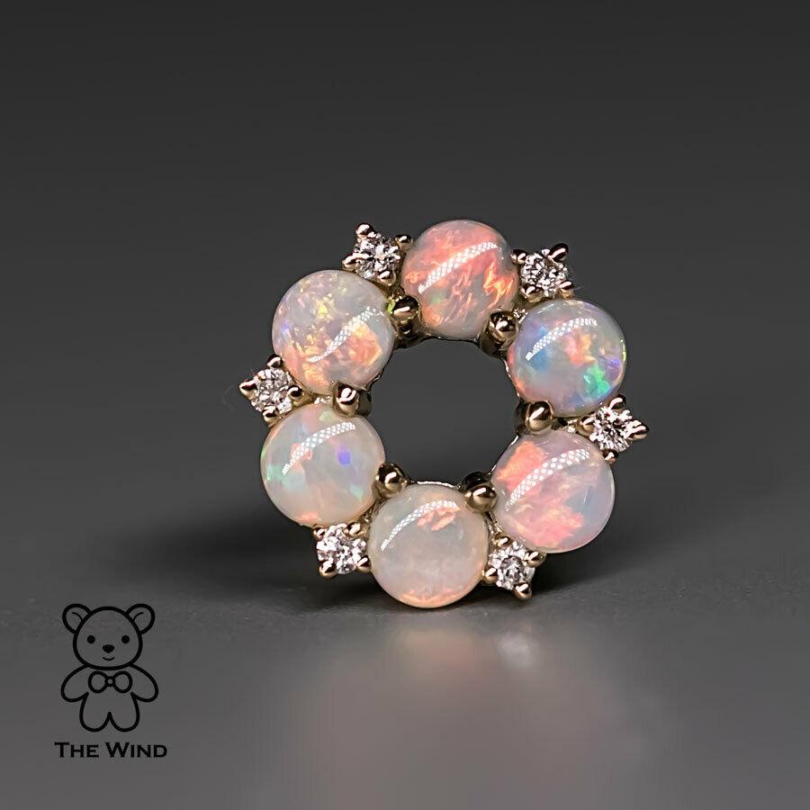 Hexagon Flower Australian Solid Opal Diamond Pendant Necklace 14K Yellow Gold For Sale 1