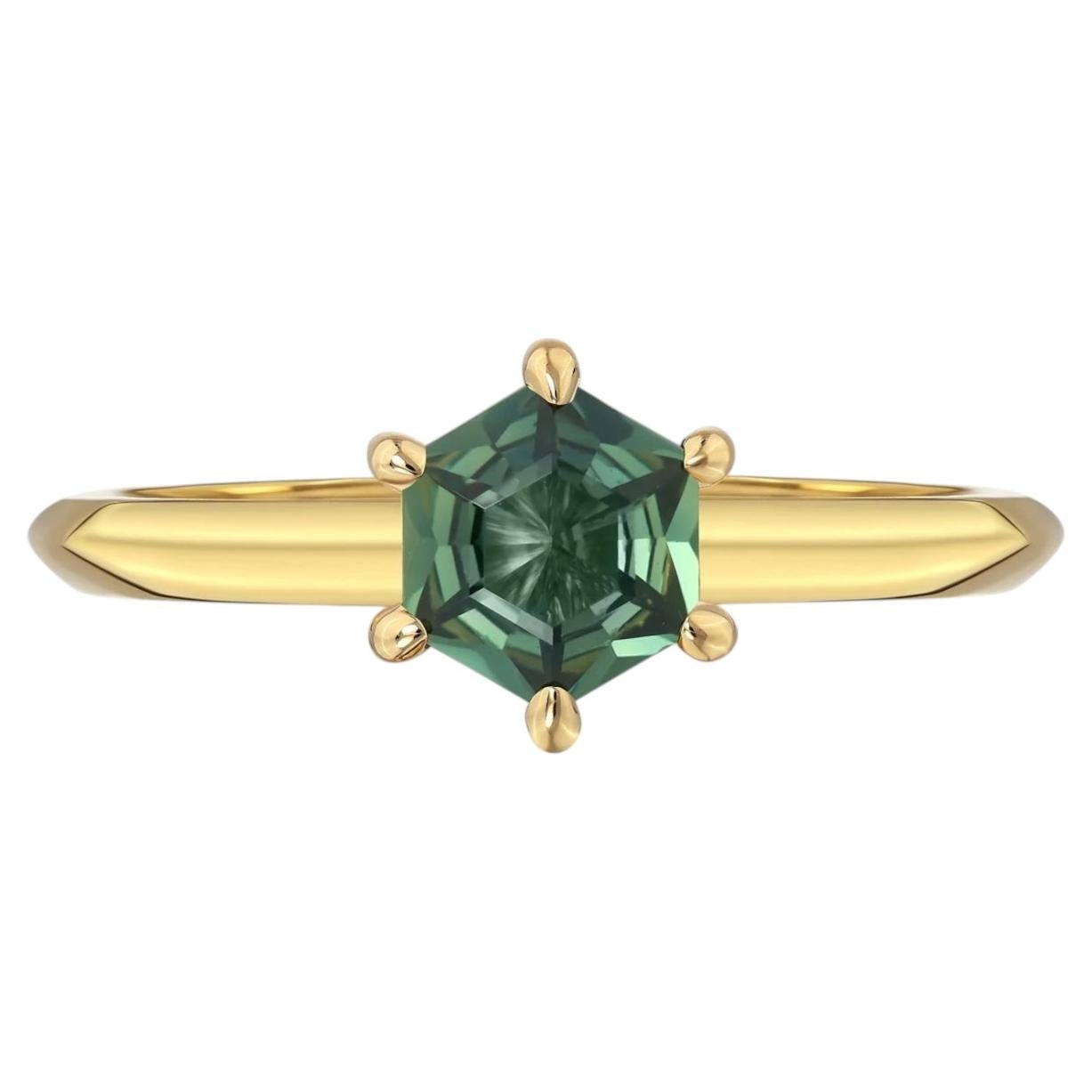 Hexagon Green Sapphire Yellow Gold Engagement Ring, 0.87 Carats For Sale