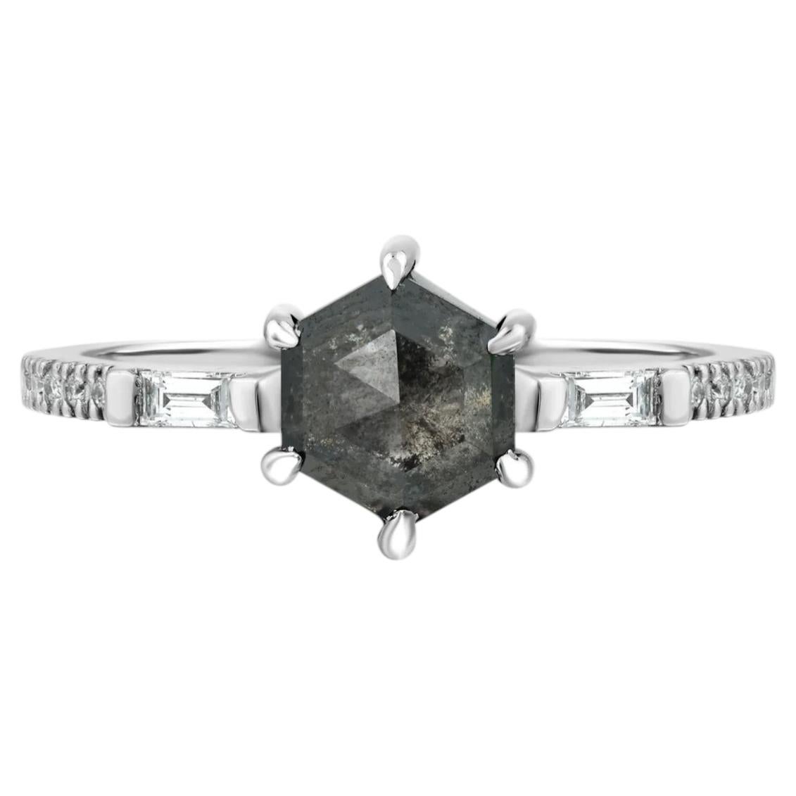 Hexagon Grey Diamond White Gold Alternative Engagement Ring, 1.15 Carats