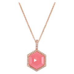 Hexagon Guava Quartz Pendant Necklace with Diamond in 18 Karat Rose Gold
