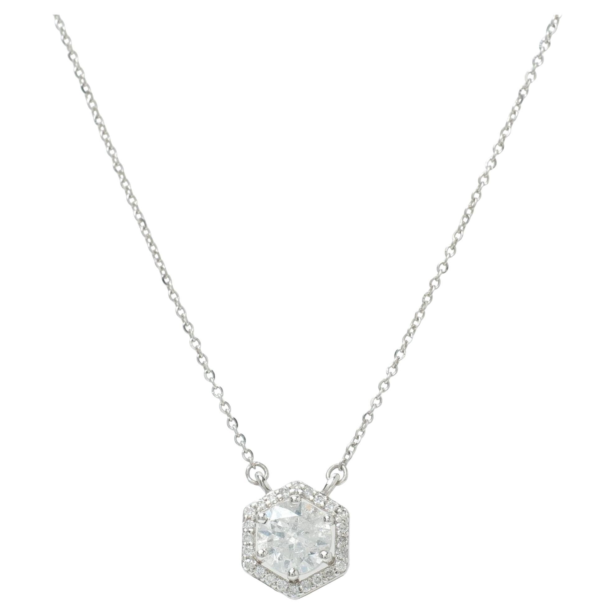 Hexagon Halo Solitaire Natural Diamond Necklace in 14K Solid Gold (Certified)
