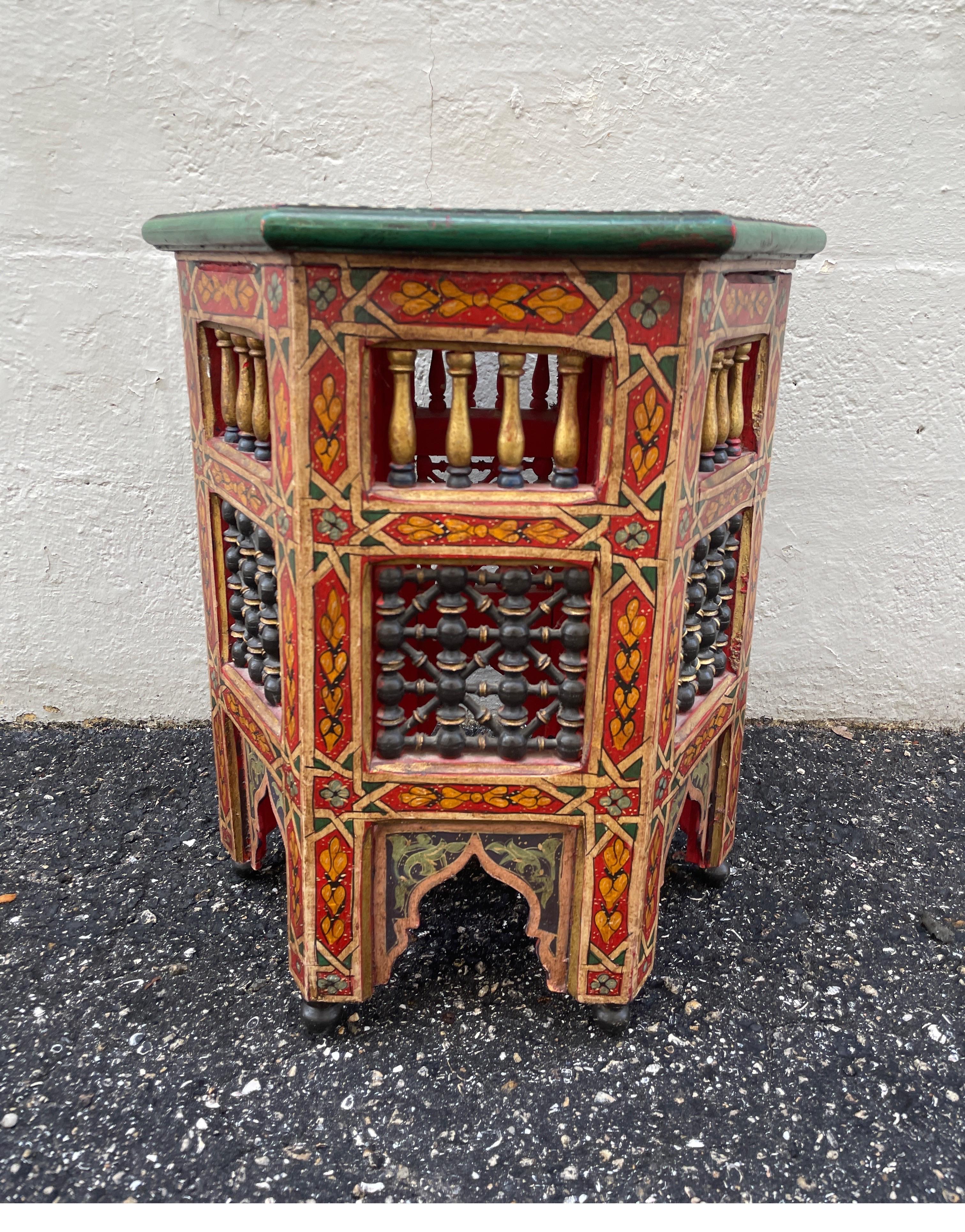 Hexagon Hand Painted Moroccan Side Table In Good Condition In West Palm Beach, FL
