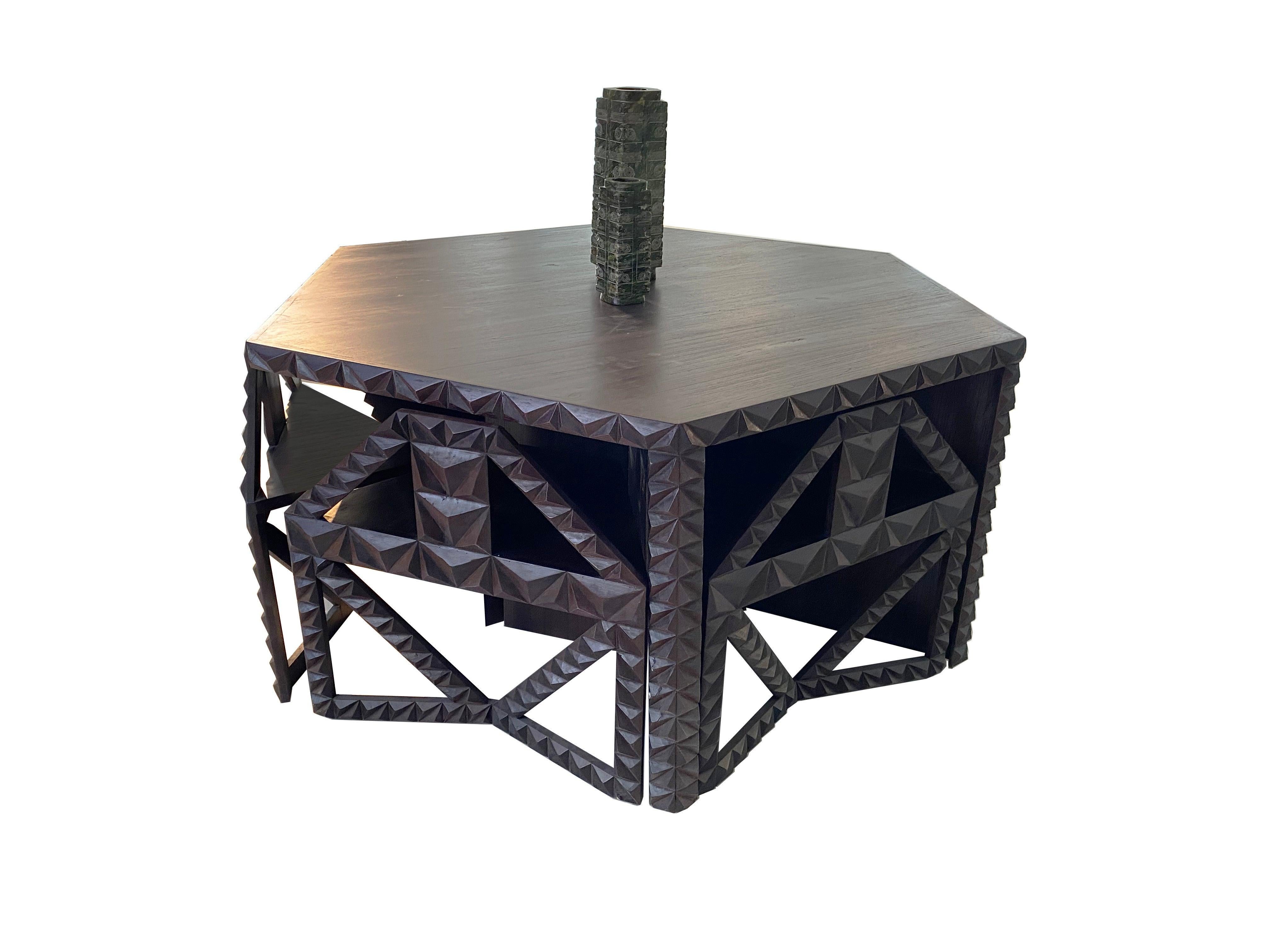 Hexagon Illusion Table and Chairs Set Made of Solid Teakwood In Distressed Condition For Sale In Coral Gables, FL