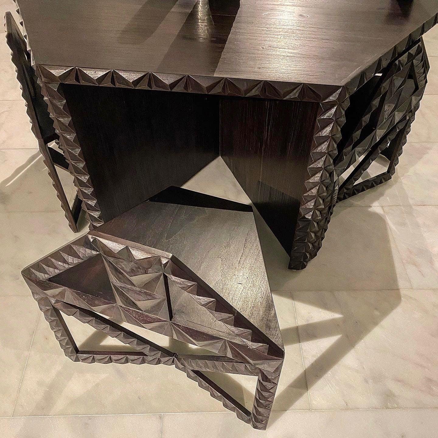 Hexagon Illusion Table and Chairs Set Made of Solid Teakwood For Sale 2