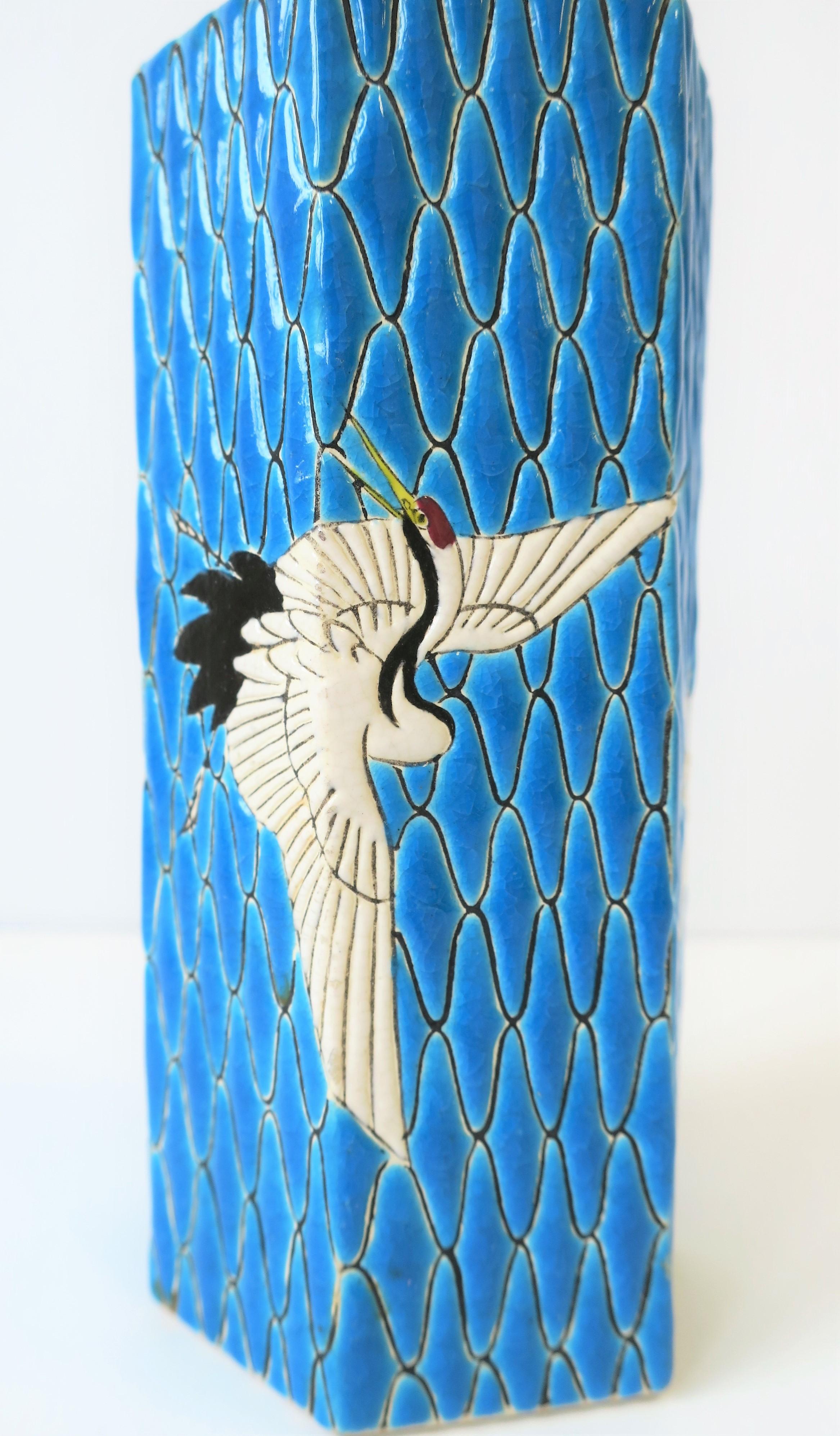 Pottery Blue and White Meiji Japanese Satsuma Majolica Style Earthenware Vase with Birds