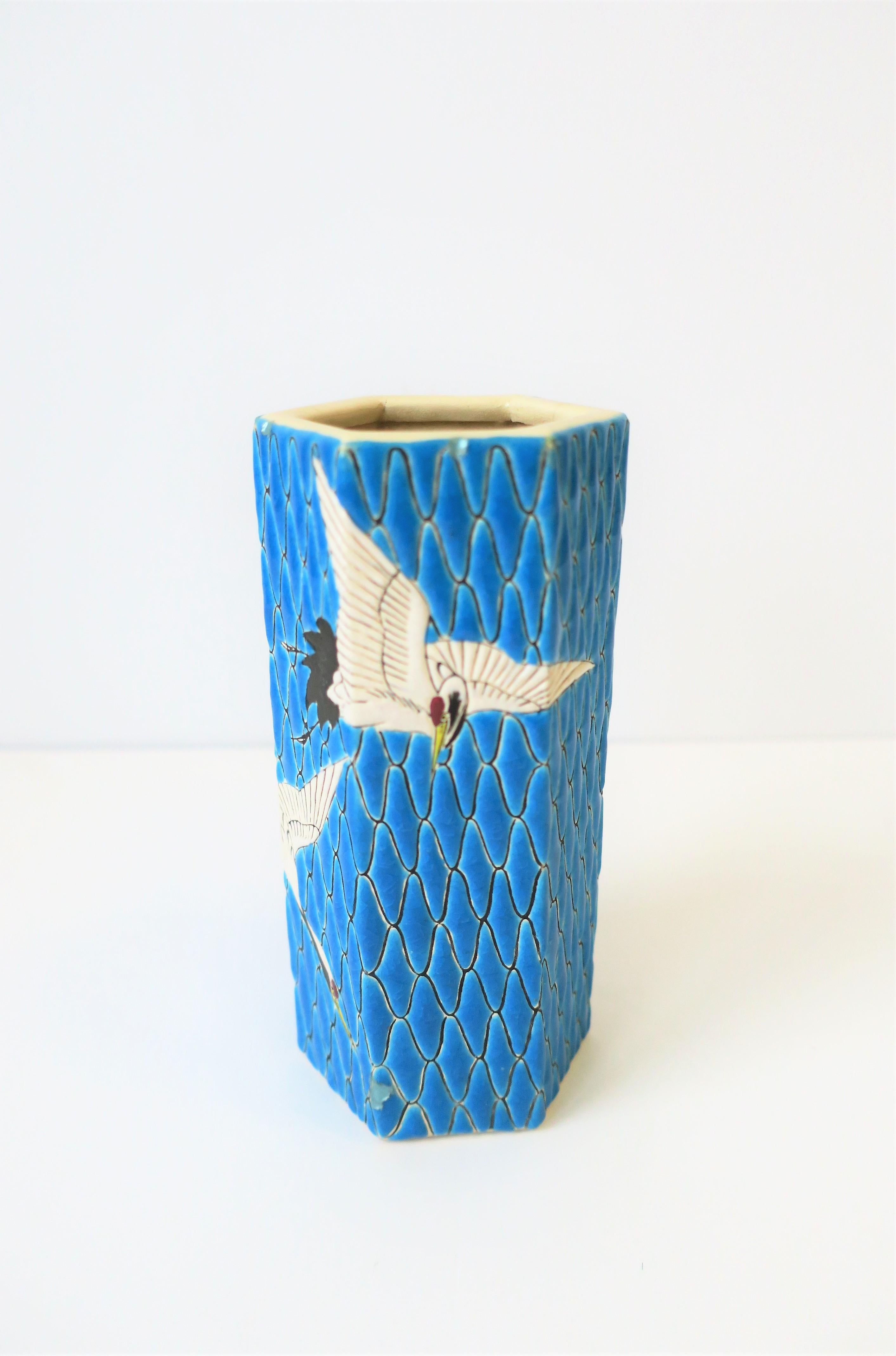Blue and White Meiji Japanese Satsuma Majolica Style Earthenware Vase with Birds 1