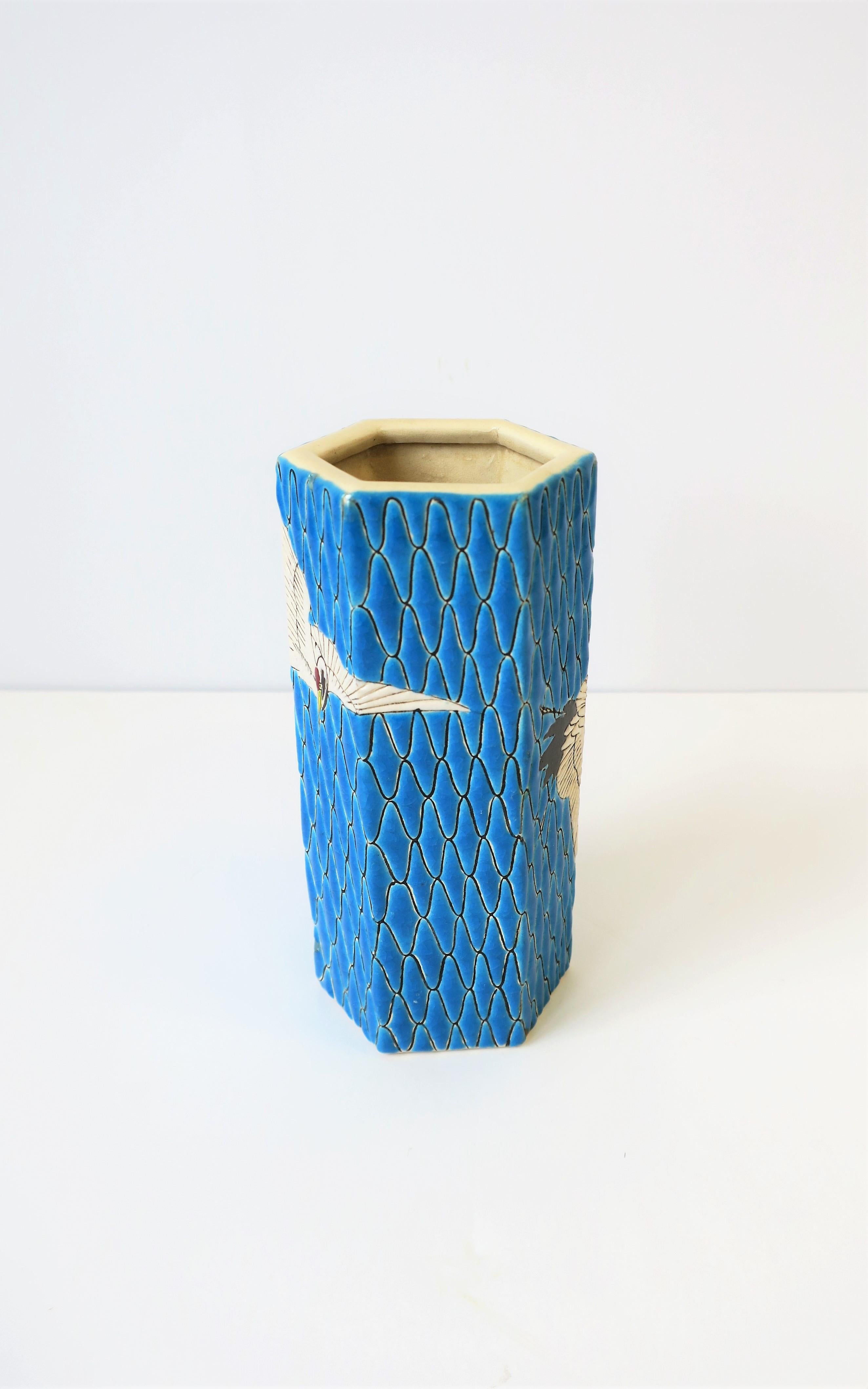 Blue and White Meiji Japanese Satsuma Majolica Style Earthenware Vase with Birds 2